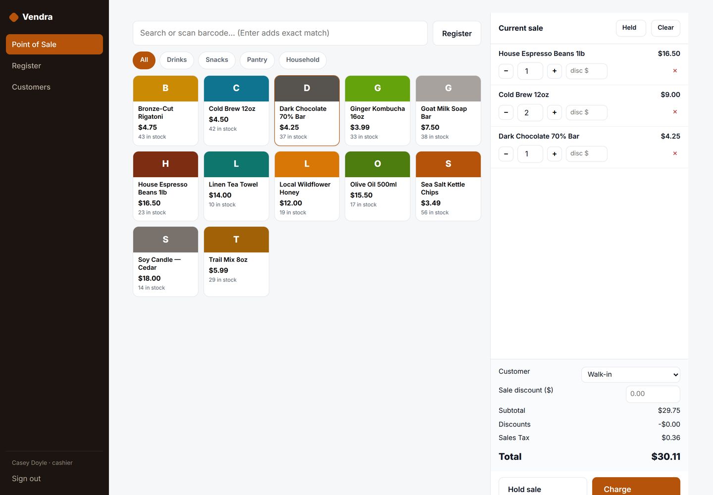 Vendra — POS & Inventory System (PHP + MySQL, Self-Hosted) — main screen